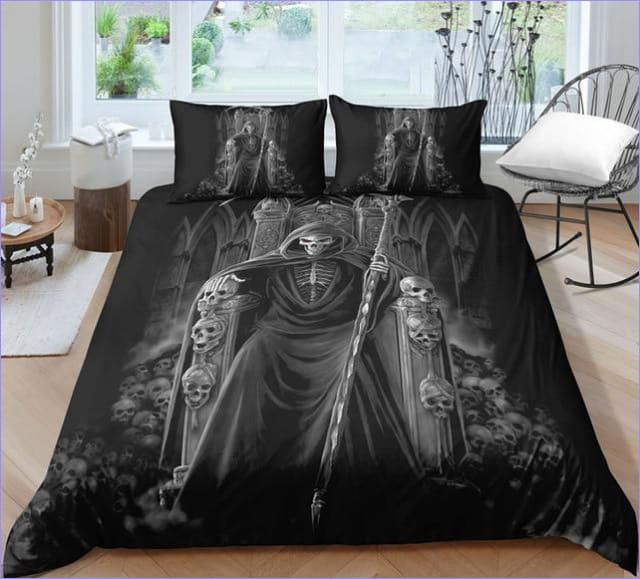 Copripiumino Con Teschio Di Grim Reaper In Bianco E Nero