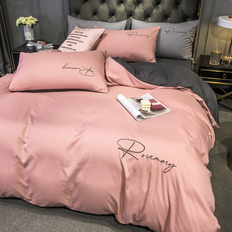 Set Biancheria Da Letto Semplice Con Scritta Ricamata Rosa E Nera