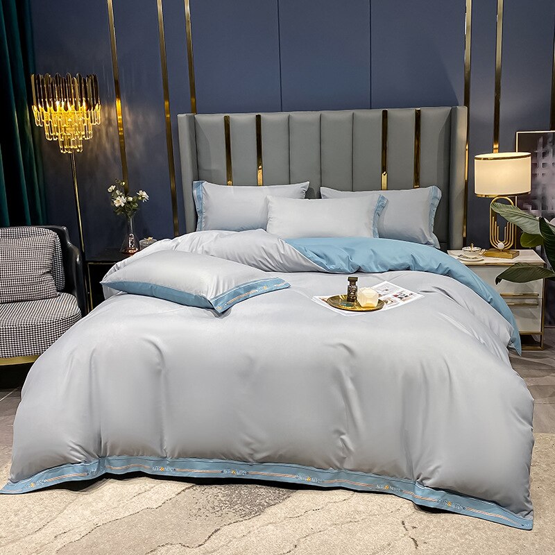 Set Biancheria Da Letto In Cotone 100% Grigio E Blu