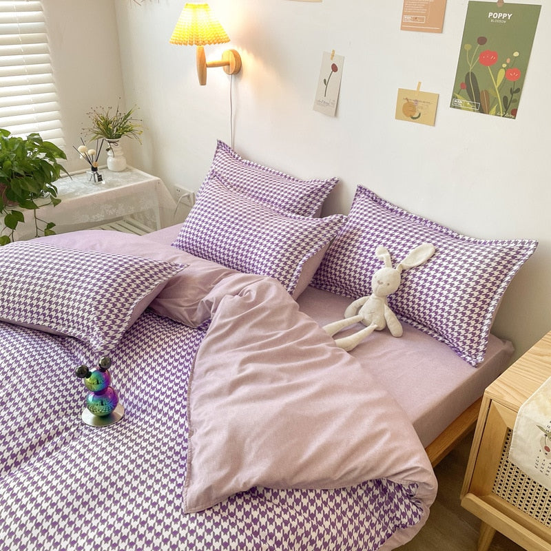 Set Biancheria Da Letto Pied De Poule Viola E Bianco