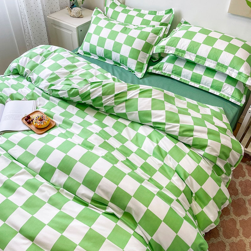 Set Biancheria Da Letto A Scacchi Bianco E Verde