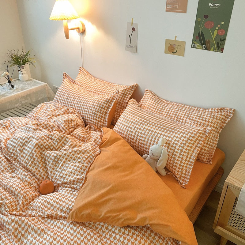 Set Biancheria Da Letto Scozzese Arancione E Bianco