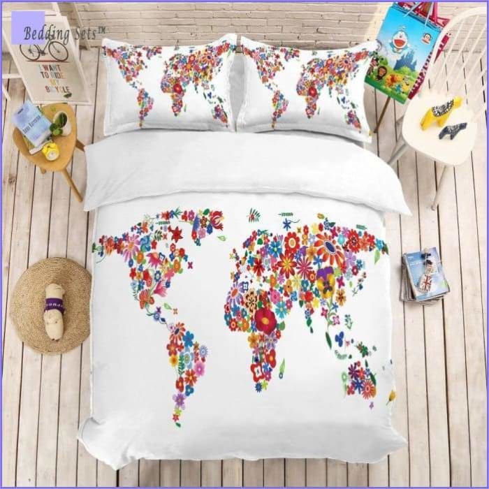 Copripiumino Con Mappa Del Mondo Floreale Multicolore