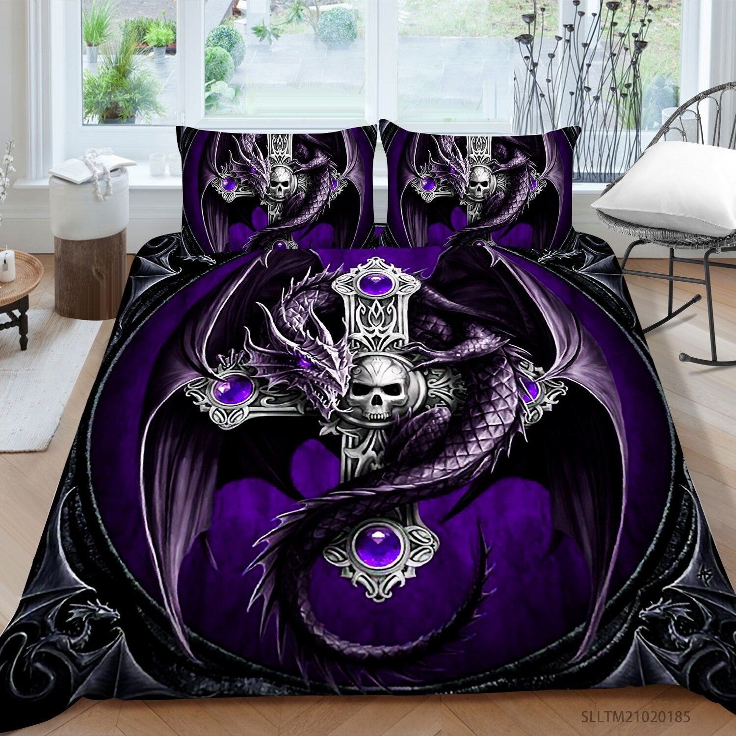 Set Da Letto Con Teschio Viola E Drago